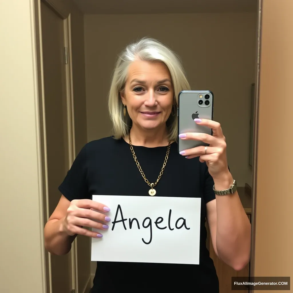 A mirror selfie of a white woman (39 years old) holding a sign with her name “Angela” while holding an iPhone. - Image