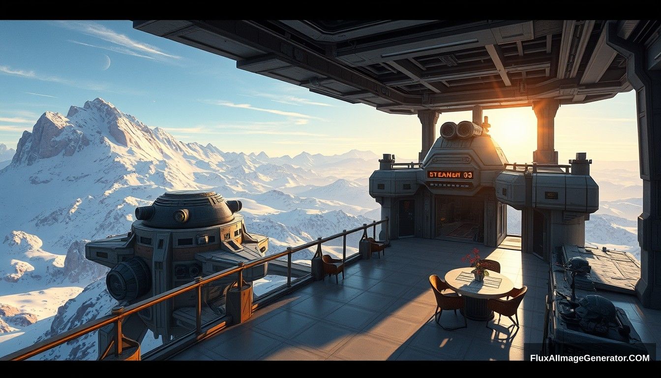 Cel-shaded art, wide shot, a sci-fi center on the top of a snow mountain, open air, close look, cyberpunk, military base, Star Wars style, indoor, patio, morning, sunlight, fortress, mountain, rock, snow. - Image