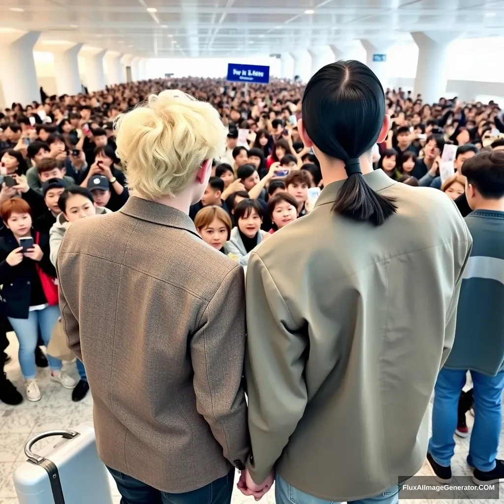 A man with curled, blonde hair at ear-length and a man with low pony-tailed ebony hair are holding each other's hands in front of a huge crowd of fans at the airport, showing their backs. Both are dressed in K-pop idol style, and the blonde man is taller. - Image