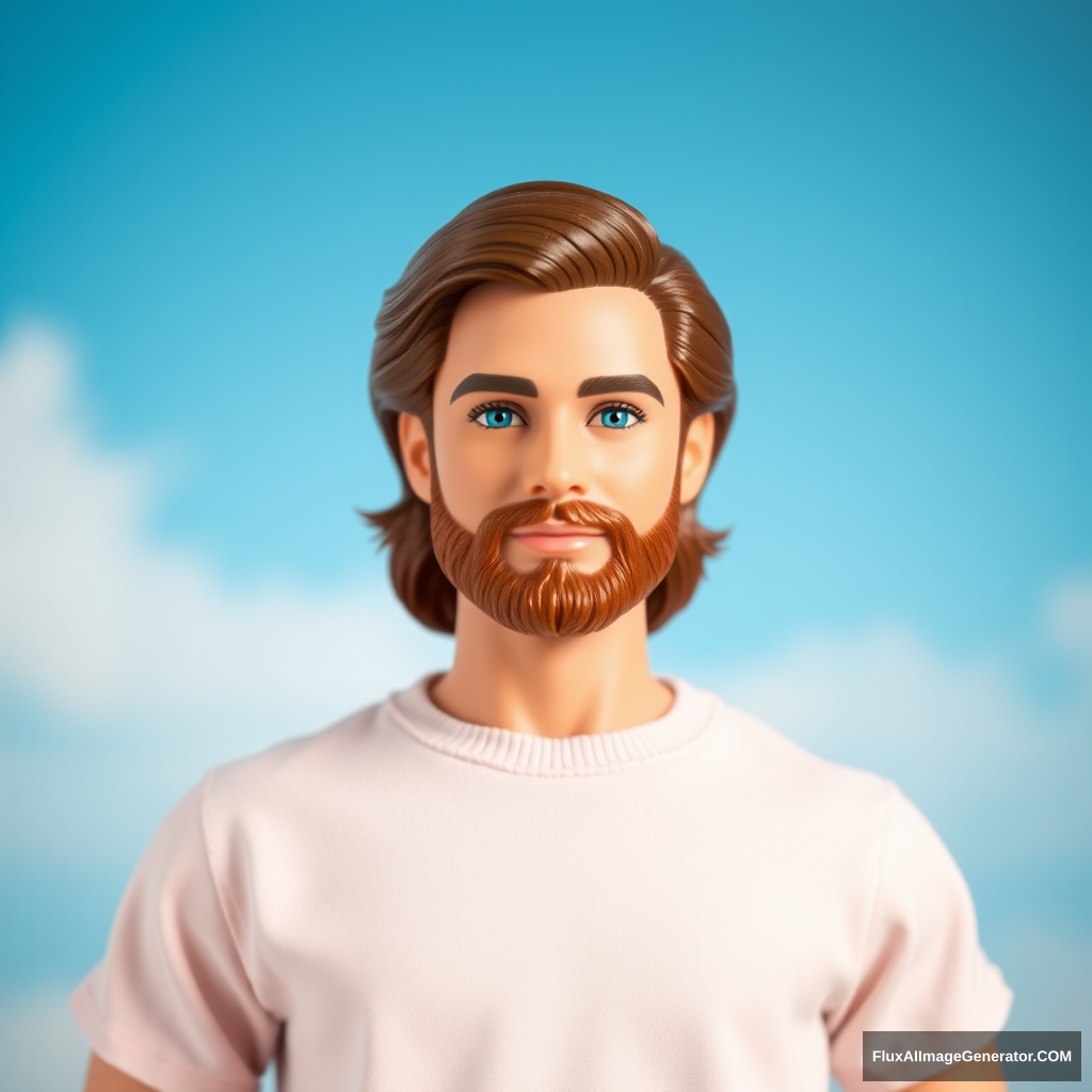 Long brown-haired and short-bearded guy as Barbie