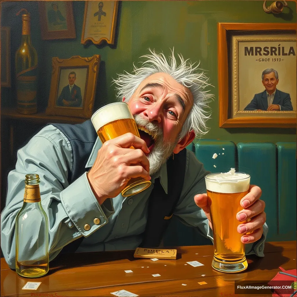 I want a painting of Rick Nitrauw getting absolutely hammered after his tenth pint of the day.