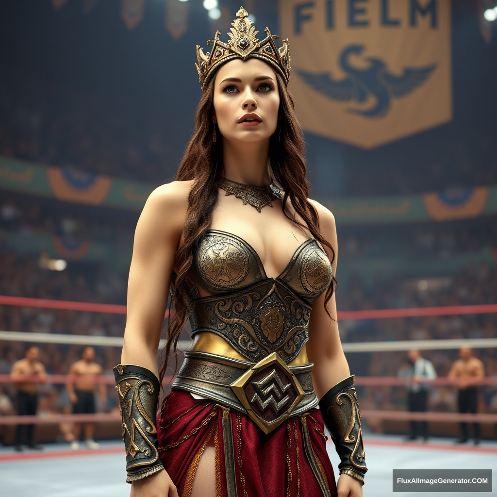 A very very very very very beautiful and gorgeous ancient queen of wrestling standing in an arena. She looks very very very very very very very very very very very very beautiful and gorgeous and has pale white skin.