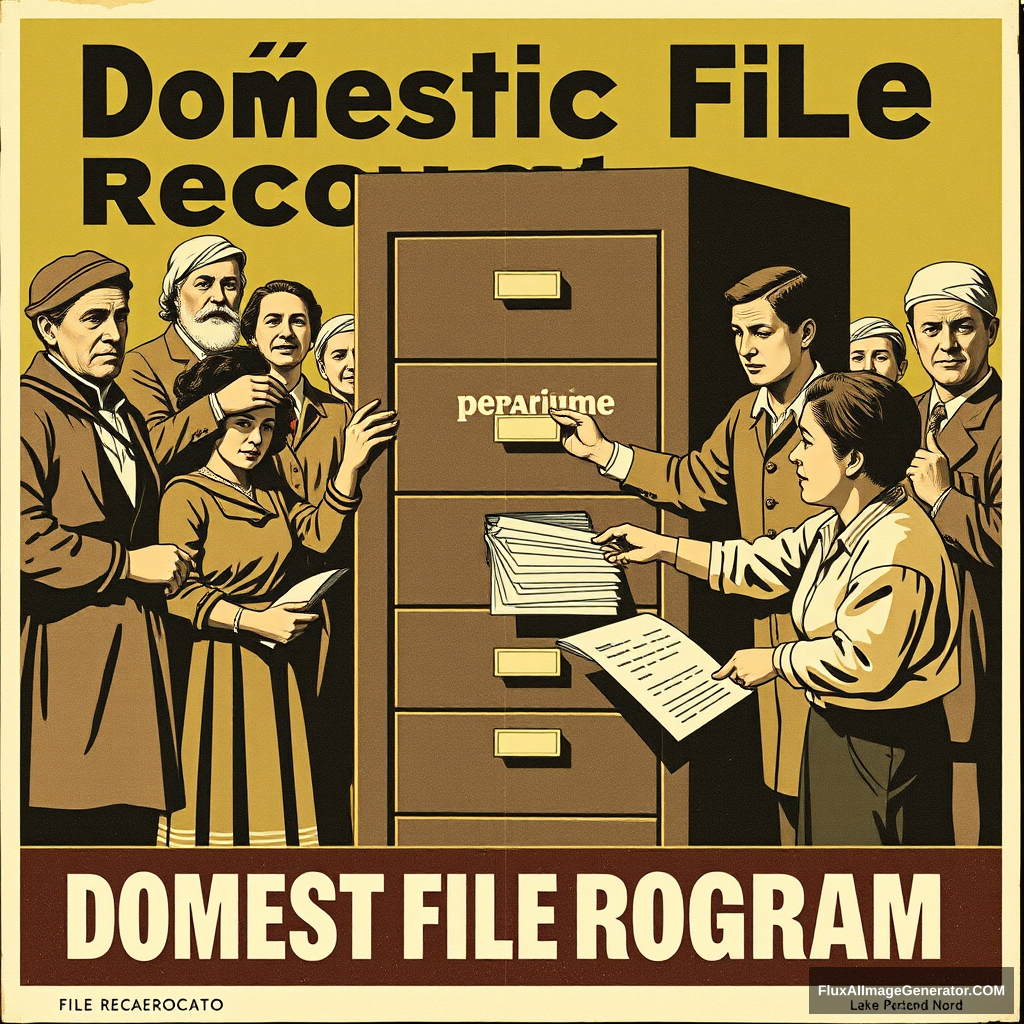 "Make a propaganda poster for a program called: Domestic File Recovery Program. The poster should show historical figures from Guanajuato and other citizens depositing documents into a filing cabinet." - Image