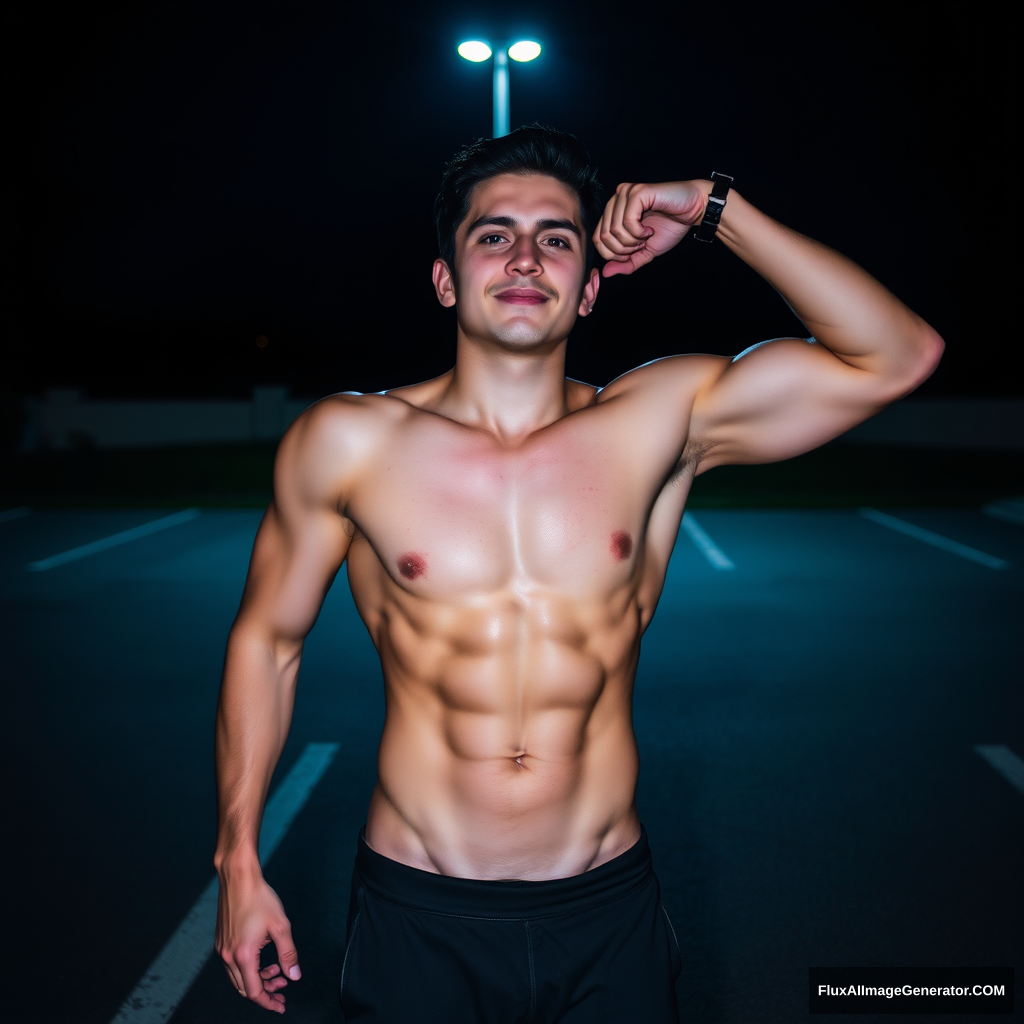 A guy showing his abs in a picture that I can use as a profile picture, making it look like he's in a dark parking lot at night.