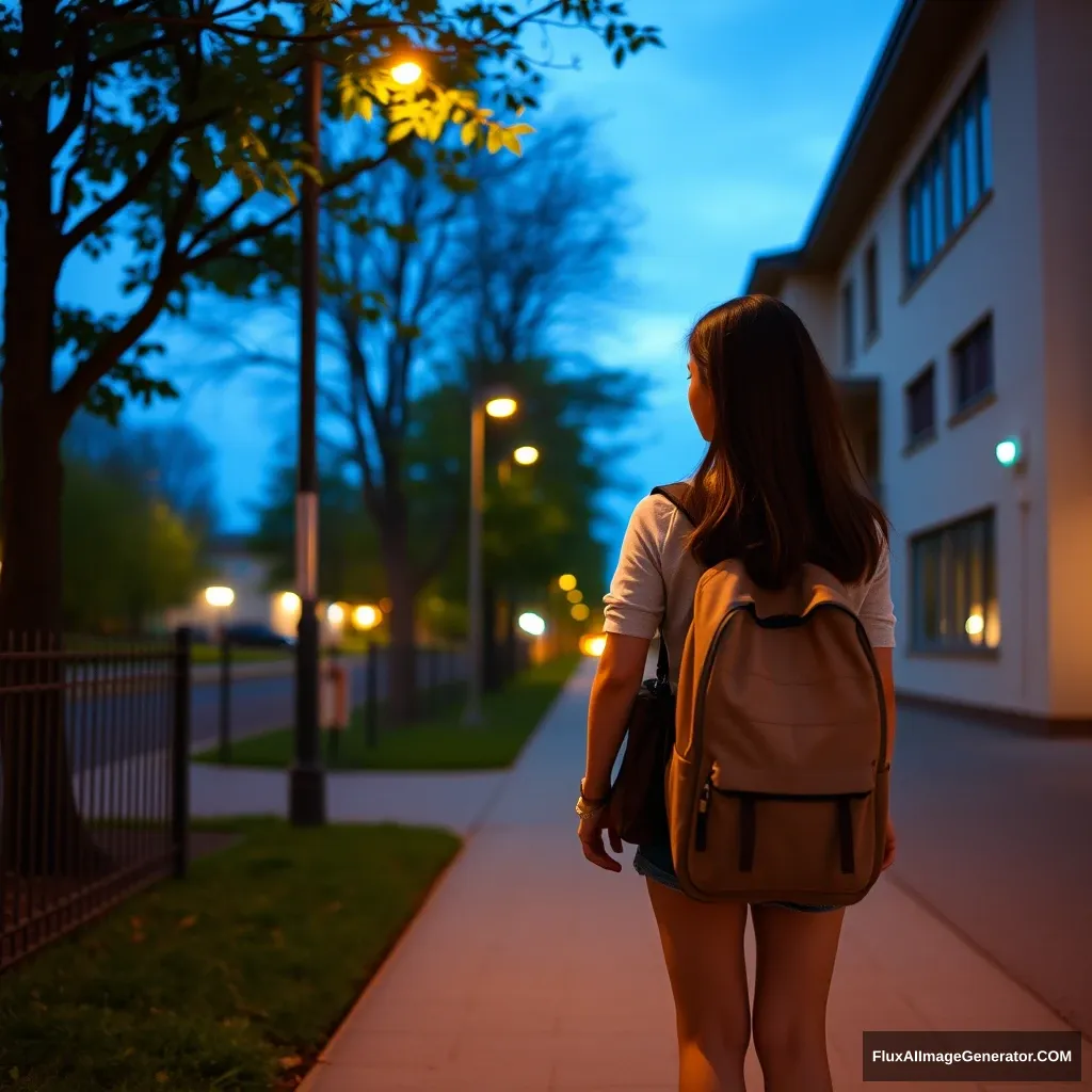 "A female high school student on her way home from school, in the early evening."