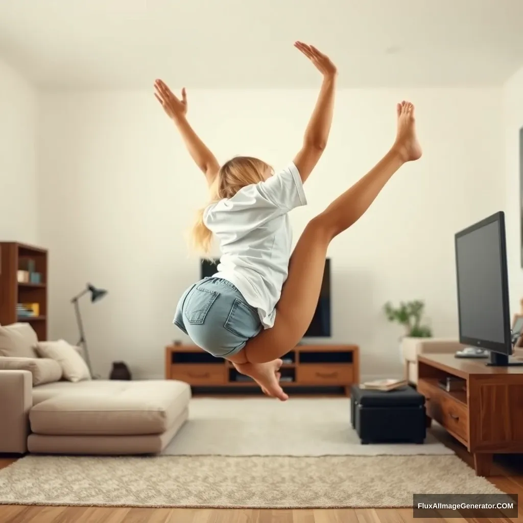 A side view of a skinny blonde woman in her large living room, wearing an oversized white t-shirt that hangs unevenly on one shoulder, and oversized light blue denim shorts that are unrolled. She is barefoot and facing her TV as she dives headfirst into it, arms raised beneath her head and legs lifted high in the air, positioned at a 60-degree angle. - Image