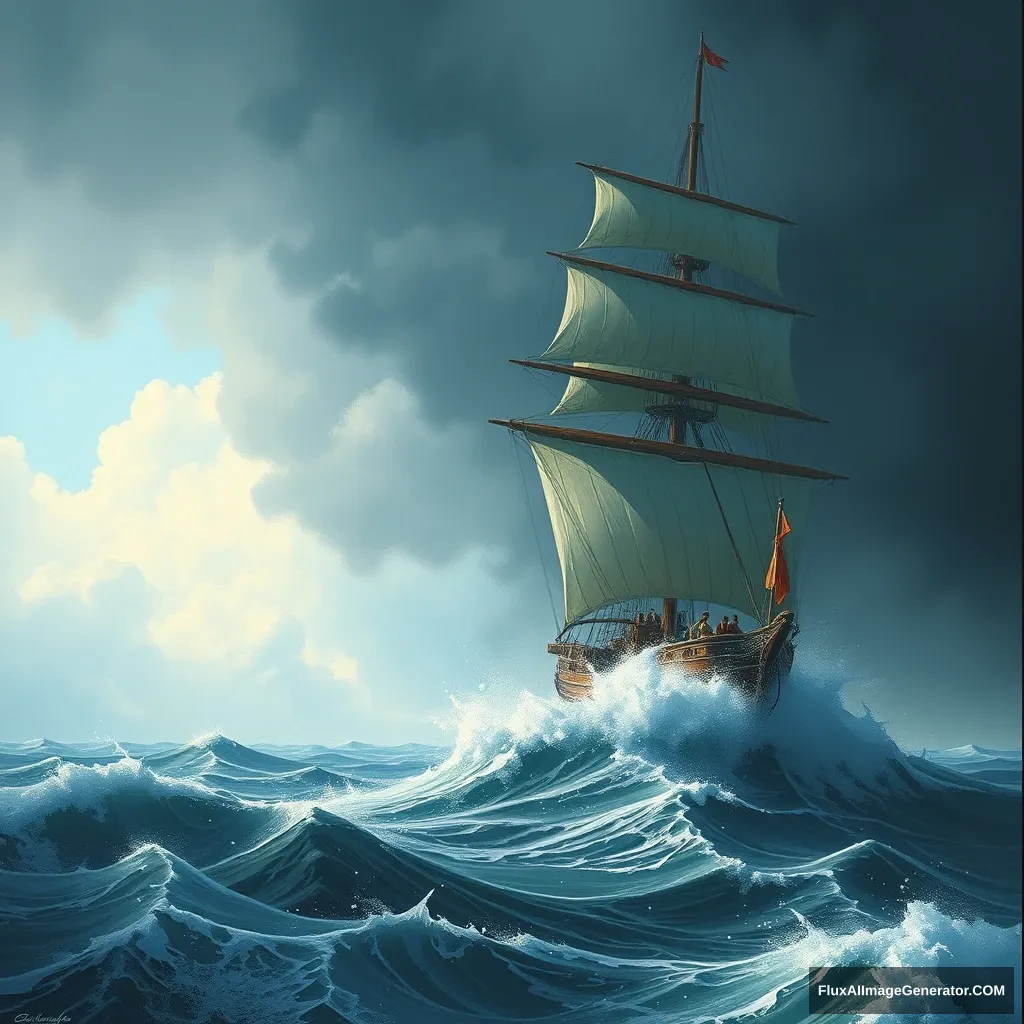 "The giant ship sailing in the storm." - Image