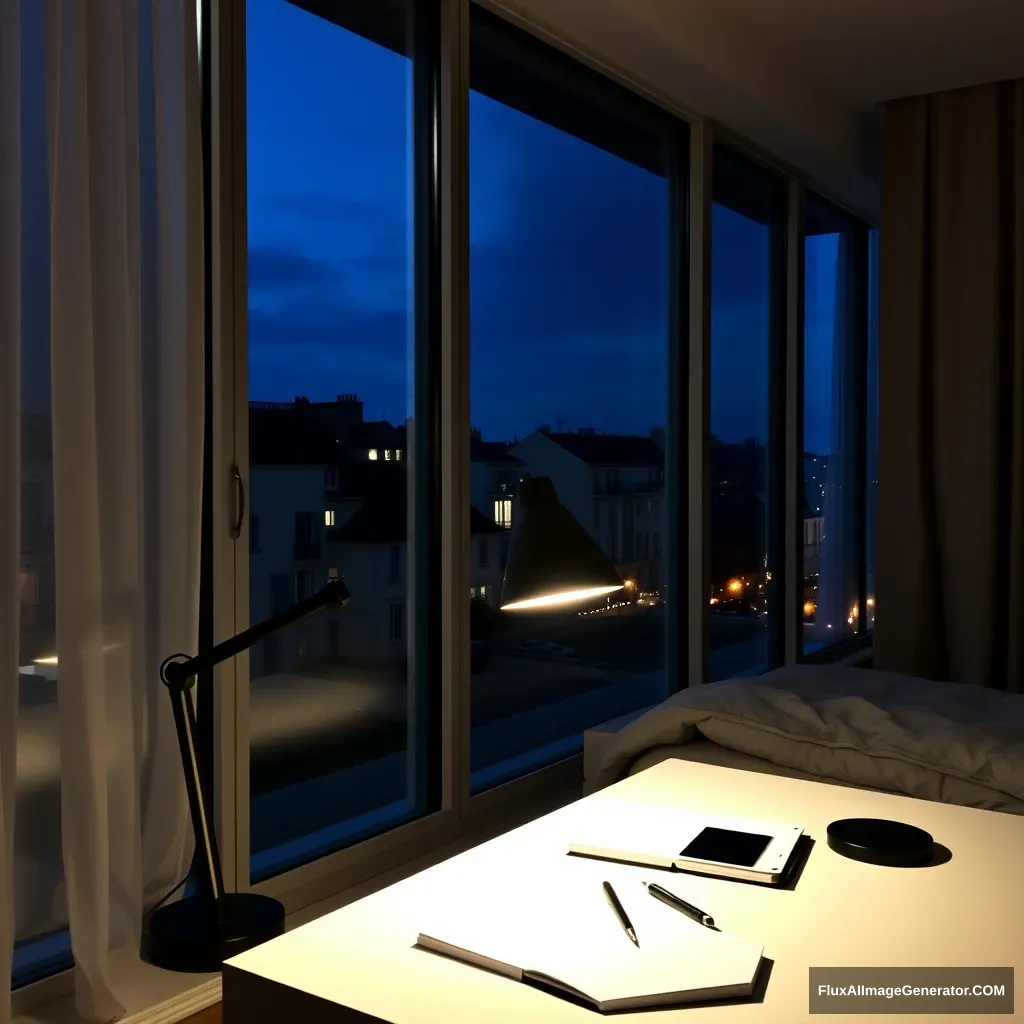 Modern bedroom apartment, big glass window, midnight in France, a study lamp lighting, a notebook and phone on a study desk.