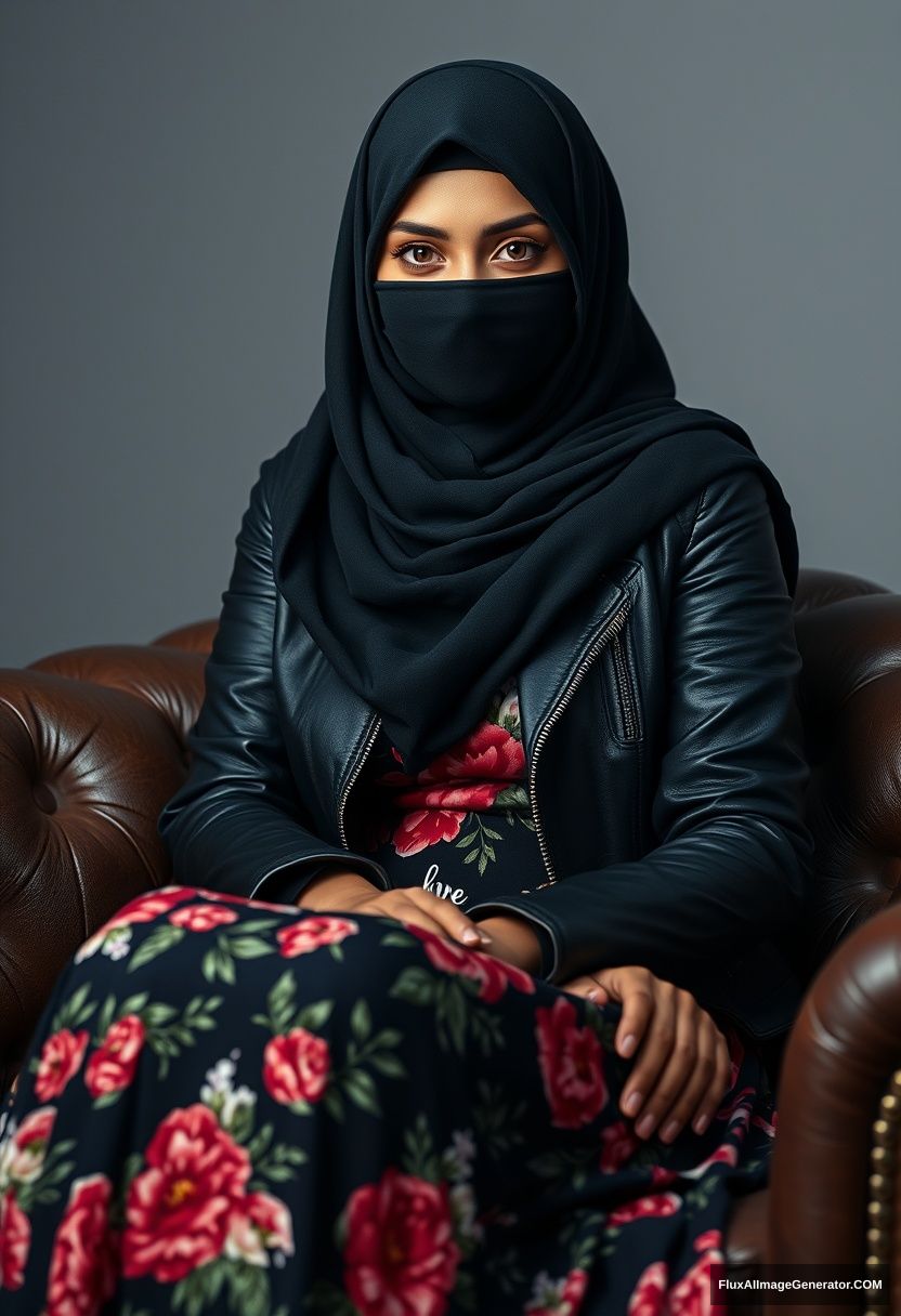 A biggest black hijab girl, burqa, beautiful eyes, black leather jacket, biggest floral long dress, sitting on a leather single sofa, hyper realistic, studio photography. - Image