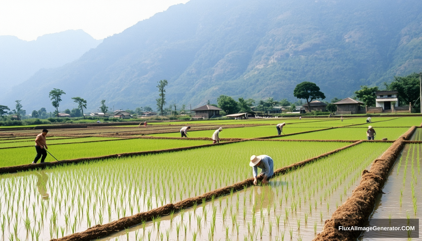 In the rural China of the 1980s, people were working the fields in the rice paddies, which were filled with water in preparation for transplanting rice seedlings, creating a scene of bustling activity.