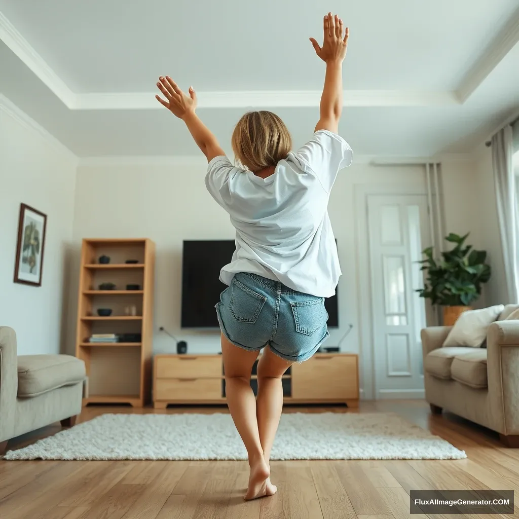 Side view angle of a thin blonde woman in her large living room, wearing a hugely oversized white t-shirt that is uneven on one of the shoulder sleeves, along with baggy light blue denim shorts that are not rolled up. She has no shoes or socks on and is facing her TV. She dives headfirst into it, with both arms raised below her head and her legs lifted high in the air, positioned at a 60-degree angle.