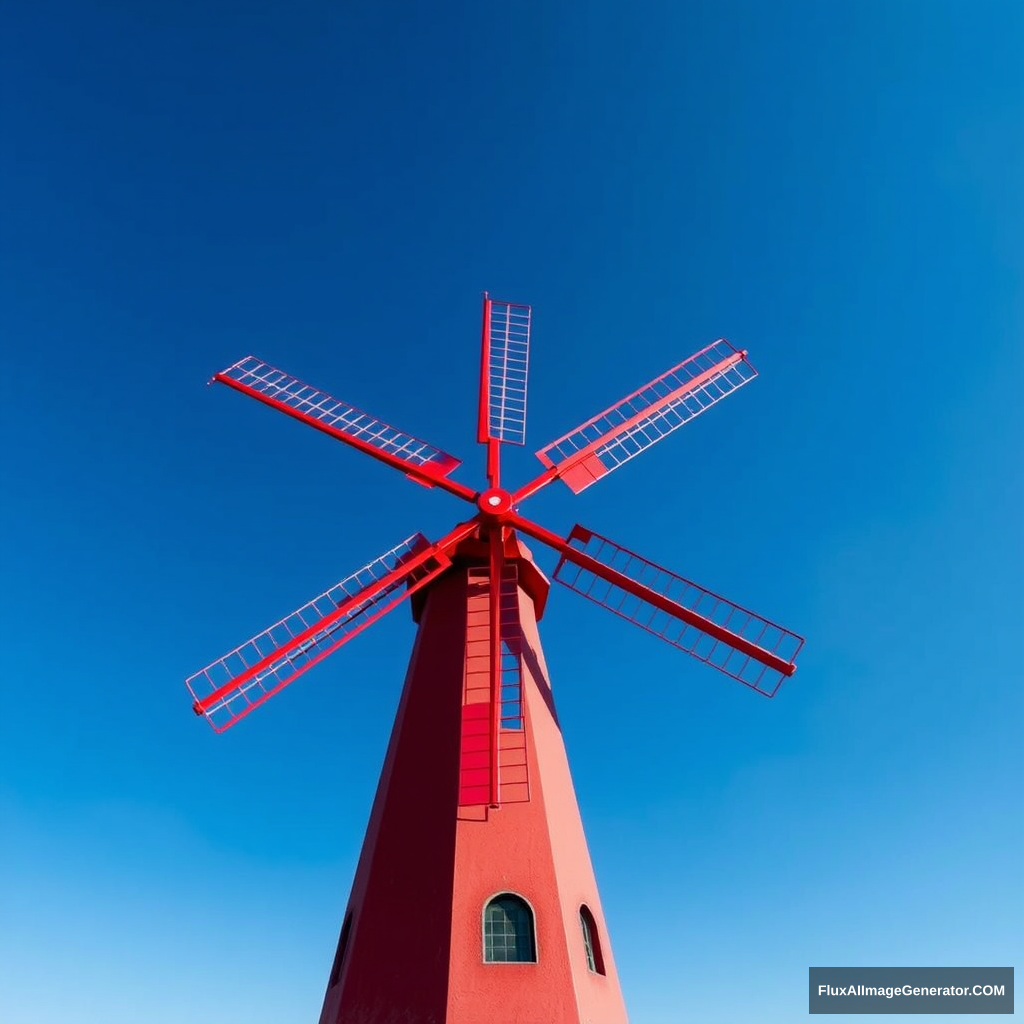 Under the blue sky of the Netherlands, a red windmill. - Image