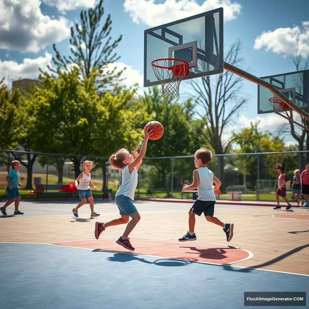 Beautiful kids play basketball.