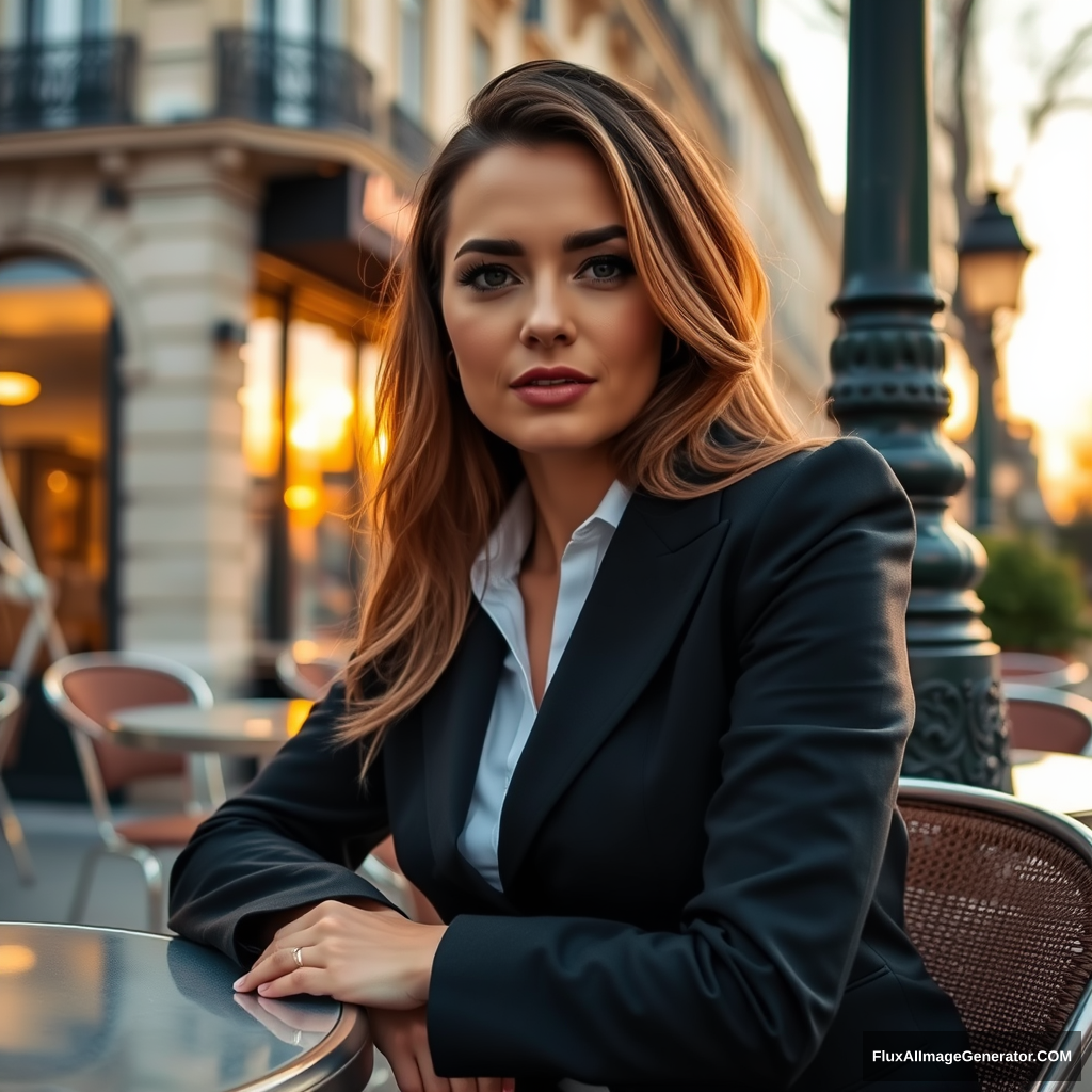 Closeup of a stunning businesswoman sitting at a café in Paris at sunset.