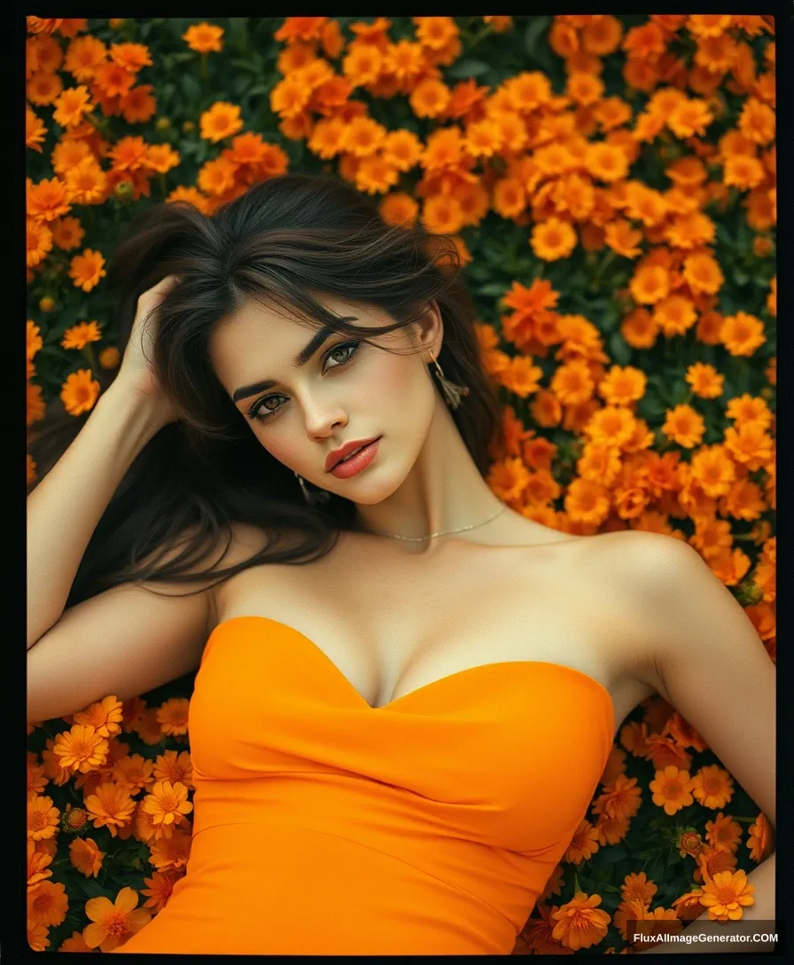 Kodak disposable photography of a beautiful fashion model in a figure-hugging orange dress, lying on an orange flower bed, with intricate, exquisite details and textures, sharp focus, high resolution, detailed eyes, 8k UHD, Nikon D850, high quality, film grain, hyper-realistic skin (detailed skin: 1.3).