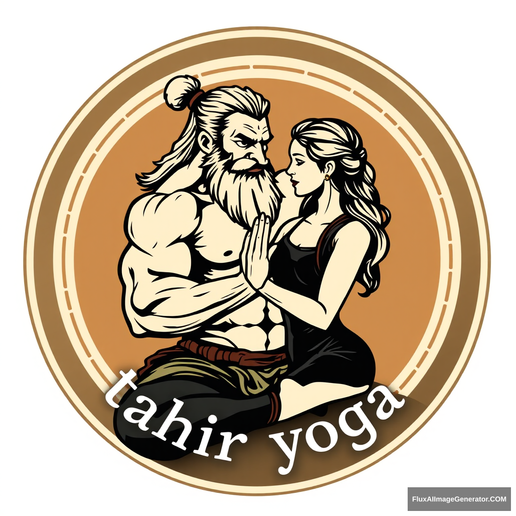 Typical yoga center round logo, but with a muscular bold dwarf-warrior sexy-looking and calm with a beard flirting with a woman by touching her arm in a yoga pose. The text on the logo says “Tahir yoga”.