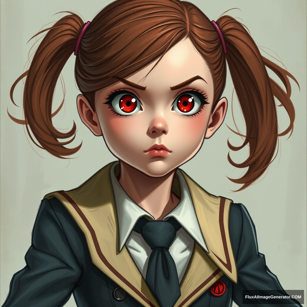 'girl with big red eyes, in a heroic academy suit, evil' - Image