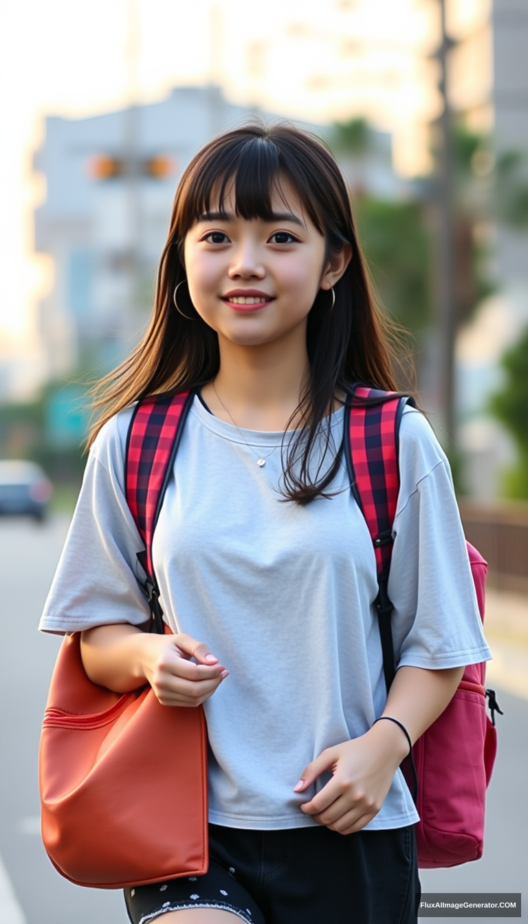 "A female high school student on her way home from school in the evening, of East Asian descent, full-body shot."