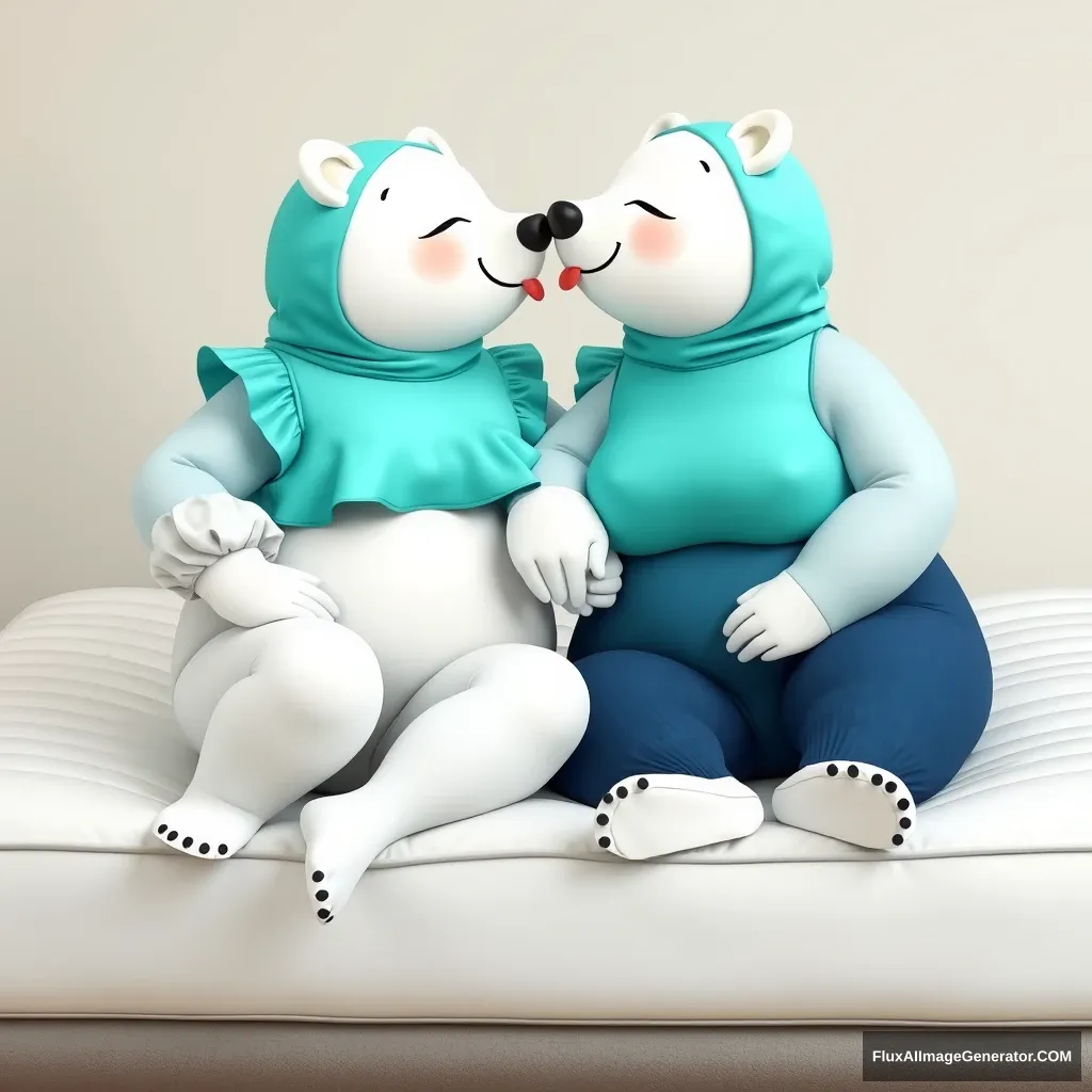 A chubby couple of realistic cartoon polar bears costumes, wearing a turquoise navy blue ruffled white puffy sleeves leotard and white ribbed pantyhose, sitting on the edge of a floating mattress, full body pose sideways, hands holding each other's waists, noses touching, sleepy faces with tongues out looking at each other. - Image