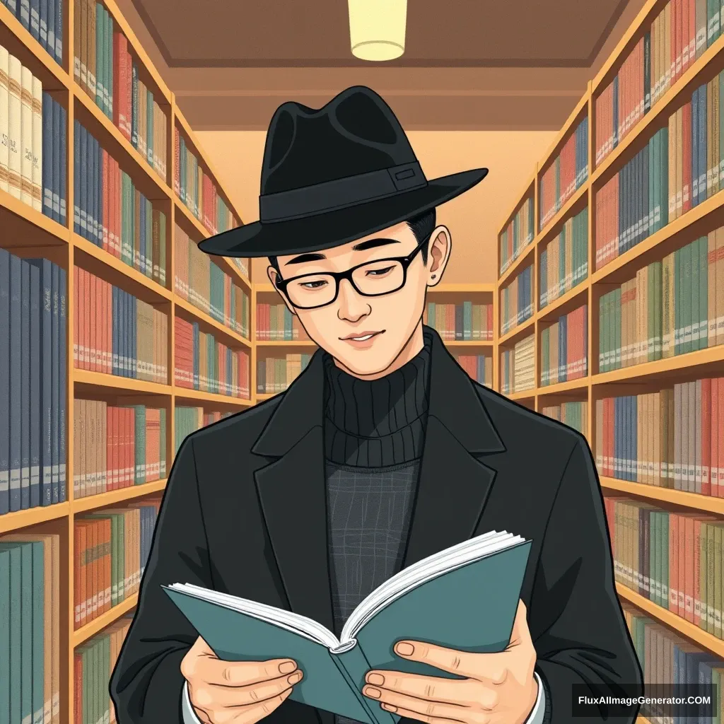 Illustrate a Korean man in the library wearing a black fedora and reading a book.