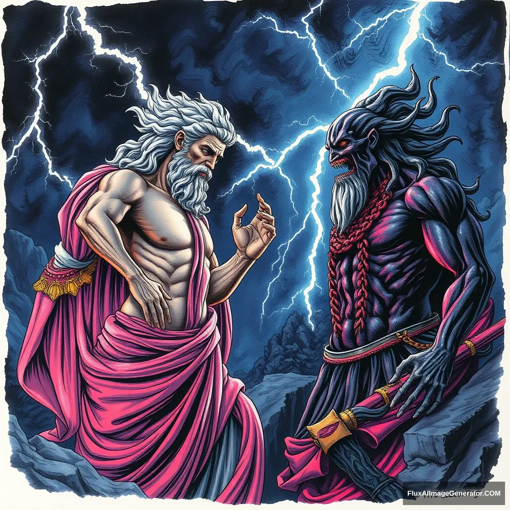 Zeus issuing his command to Hades, lightning crackling in the background, anatomy flawlessly rendered, chiaroscuro enhancing hyperbolic illustration, astonishing 32k resolution, ultra HD, realistic with vivid colors, UHD pen and ink technique, beautiful intricate, fantasy background, full body portrait, dim volumetric lighting, 8k octane beautifully detailed render, intricate, stunning detailed matte painting, deep color, fantastical, intricate detail, complementary colors, fantasy concept, colorful, color art, color chaos, cutie. - Image