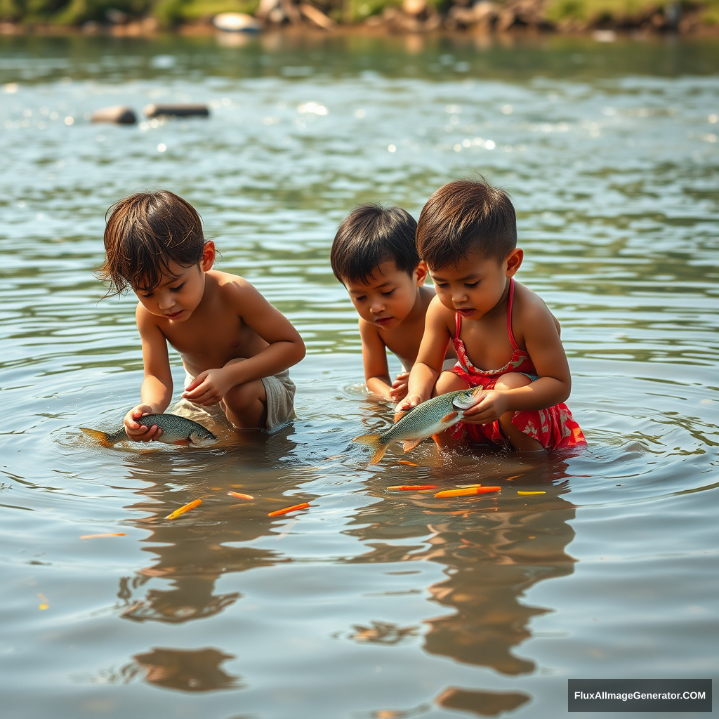 "Small children are catching fish bare-bottomed in the river."