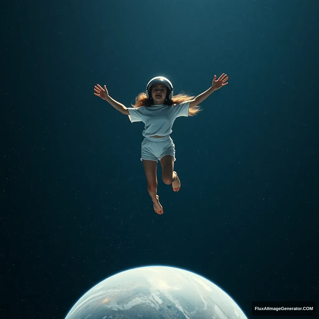 (8k, RAW photo, best quality, masterpiece:1.2), (realistic, photo-realistic:1.37), (1 girl, in the air), full body, deep depth of space, universe background, Mysterious planet, (white shirt, white shorts), 1 planet, ((Astronaut helmet, reflective)), lora:arknightsTexasThe_v10:0.1