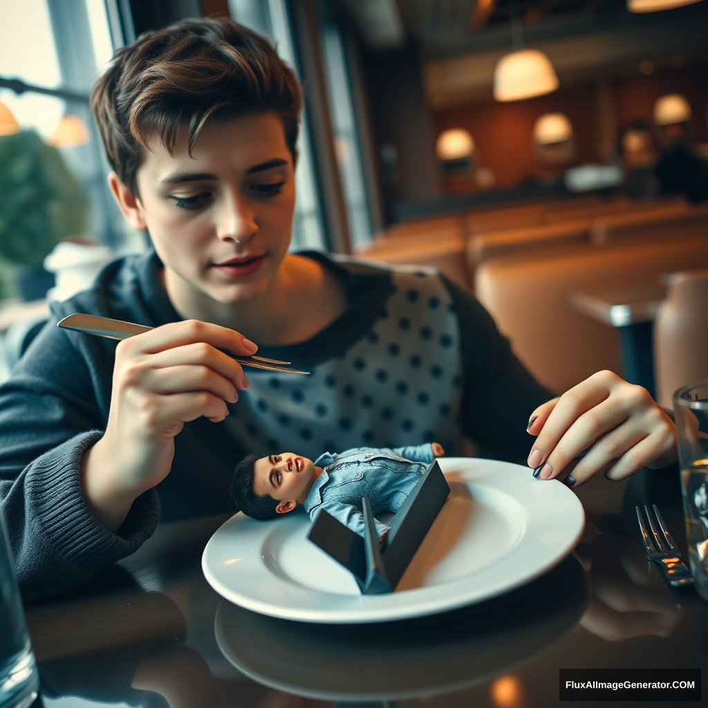 Young woman eating in a restaurant with a tiny adult man (5cm tall) lying on her plate. There is nothing else on the plate. The tiny man looks exactly like a regular man except for his size.