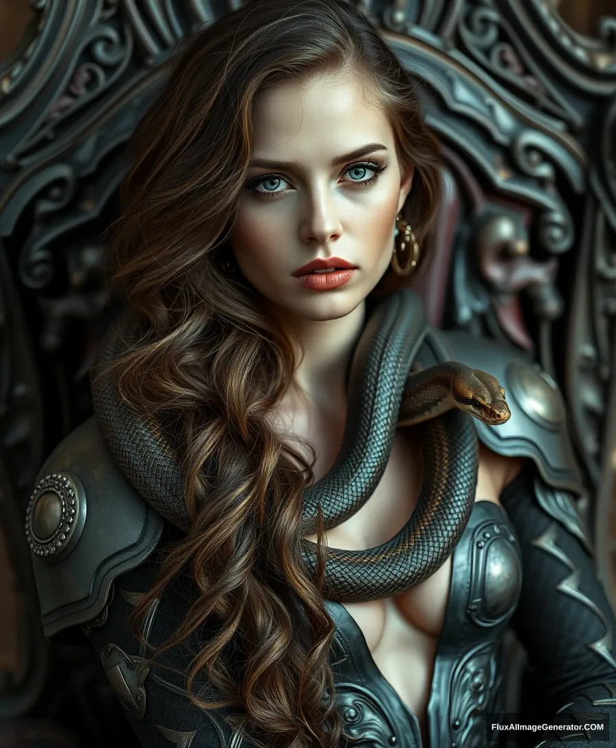 Beautiful woman with long brown wavy hair, a snake wrapped around her shoulders, wearing exotic armor, sitting on a throne with a sultry expression. The theme is gothic, featuring intricate, exquisite details and textures, sharp focus, high resolution, and detailed eyes. Shot in 8k UHD with a Nikon D850, high quality, film grain, and hyper-realistic skin (detailed skin:1.3).