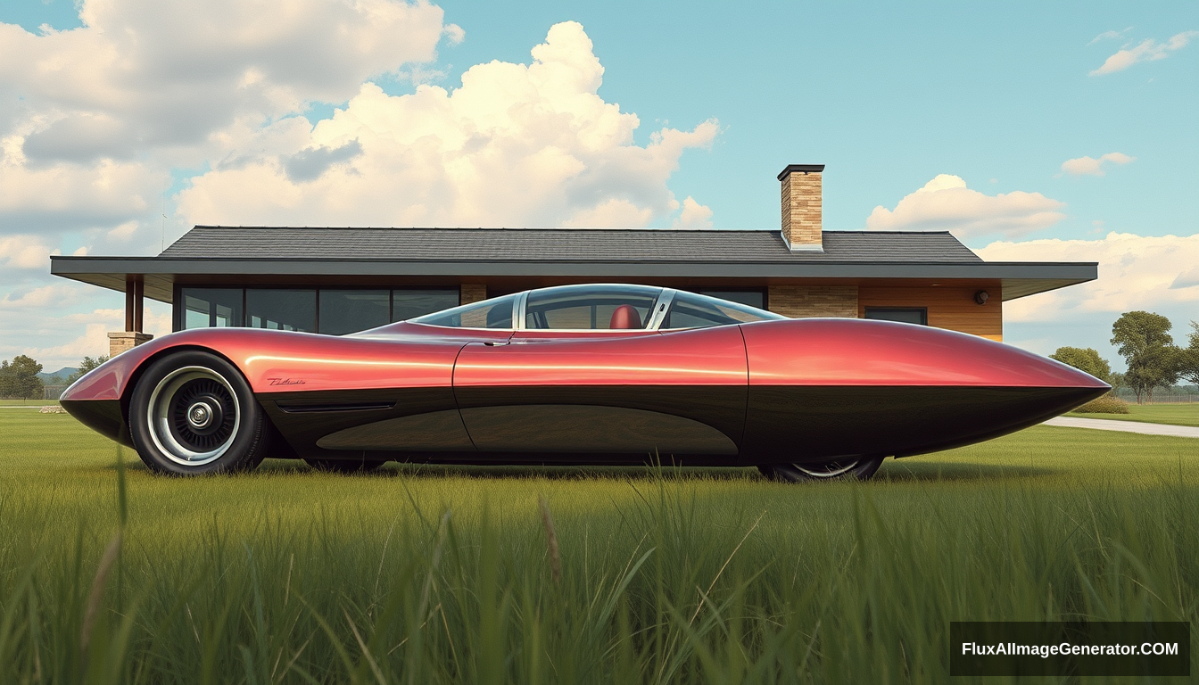 A radical concept car from the 1960s sitting in front of a mid-century modern house, as painted by Syd Mead, in a country setting, 4k, metal-flake paint. - Image