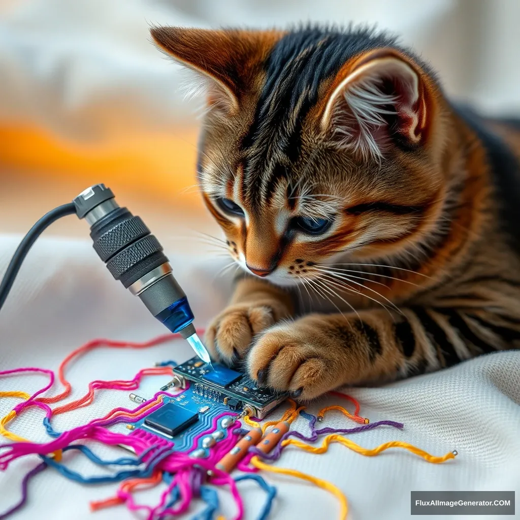 A mischievous tabby cat, meticulously solders a circuit board with a miniature iron. Vibrant threads weave intricate patterns, mimicking electronic pathways. Soft fabric backdrop, warm lighting. Delicate French knots form components. Style: Hyper-realistic embroidery art, blending traditional craftsmanship with modern technology.