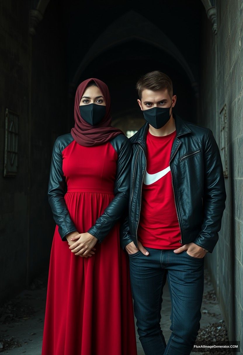 A big black hijab girl, beautiful eyes, black face mask, black leather jacket, biggest red longest dress, not tall,

Jamie Dornan, handsome, black face mask, fit and tough body, Nike red t-shirt, black leather jacket, jeans, tall man,

standing lean against the wall together,
hyper-realistic, photorealistic, studio photography, Victoria's abandoned castle, gloomy, darkness. - Image