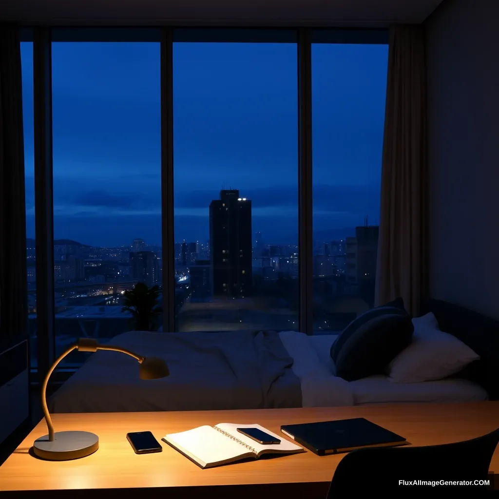 Modern bedroom apartment, big glass window, midnight, a study lamp lighting, a notebook and phone on a study desk.