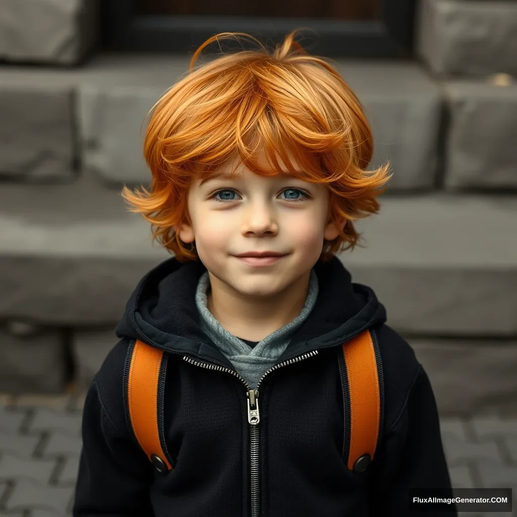 Change the hair color to orange for the boy in the center of this photo: https://r2.fluxaiimagegenerator.com/ecbbe355-1cab-4643-aa40-01e838c4f52e.webp - Image