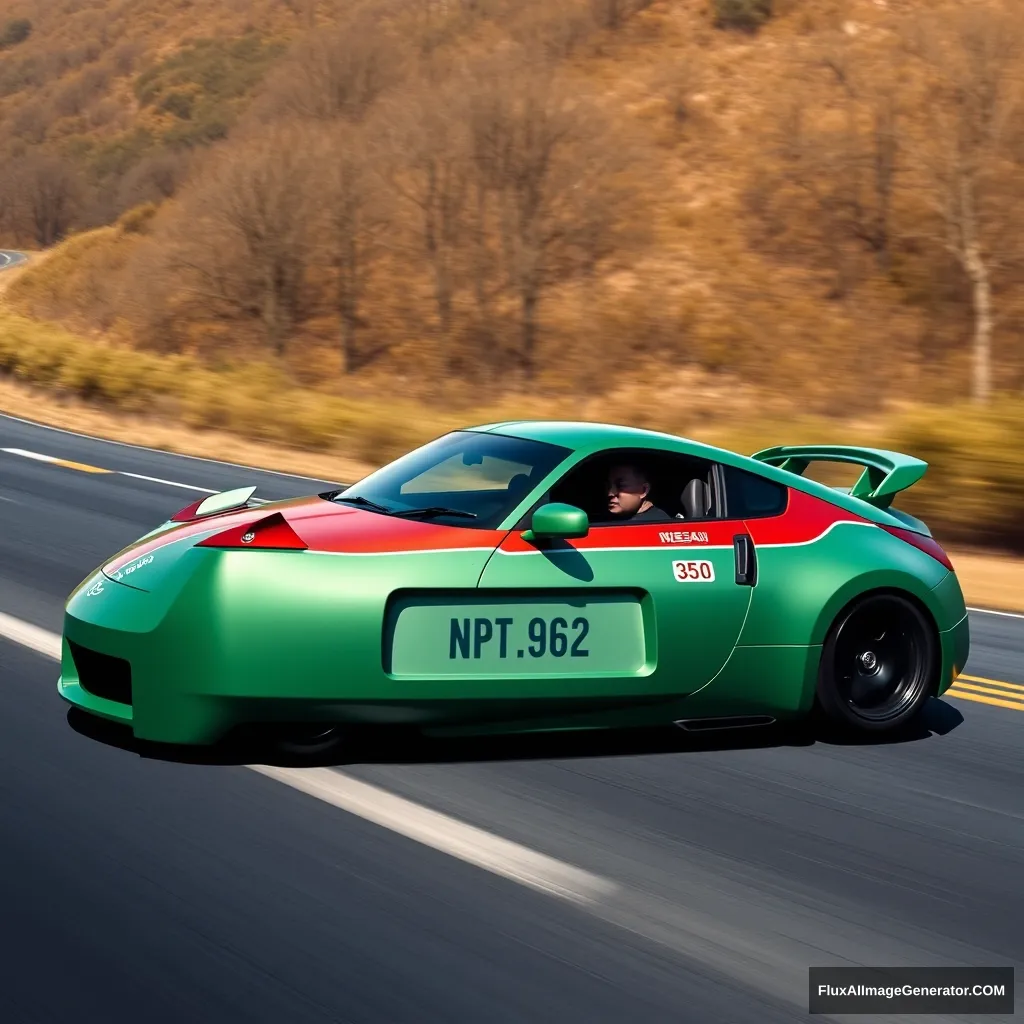 Create an image of a Nissan 350z with North Korea livery driven by Kim Jong-un.