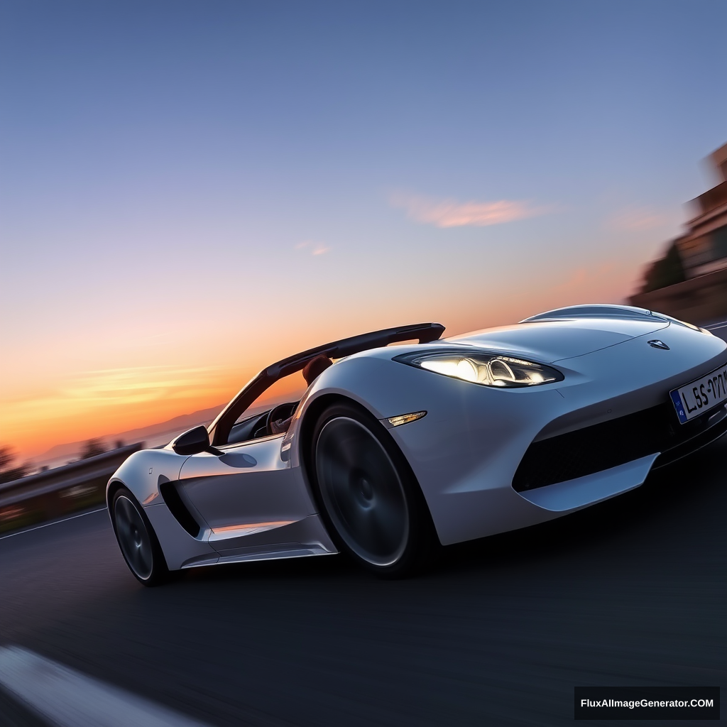 White realistic sports car, driving on the roads of Costa Smeralda, Sardinia. 
REALISTIC, the car has to resemble a falcon a bit, especially the headlights. 
A guy driving with brown hair and a low drop fade haircut. sunset. - Image