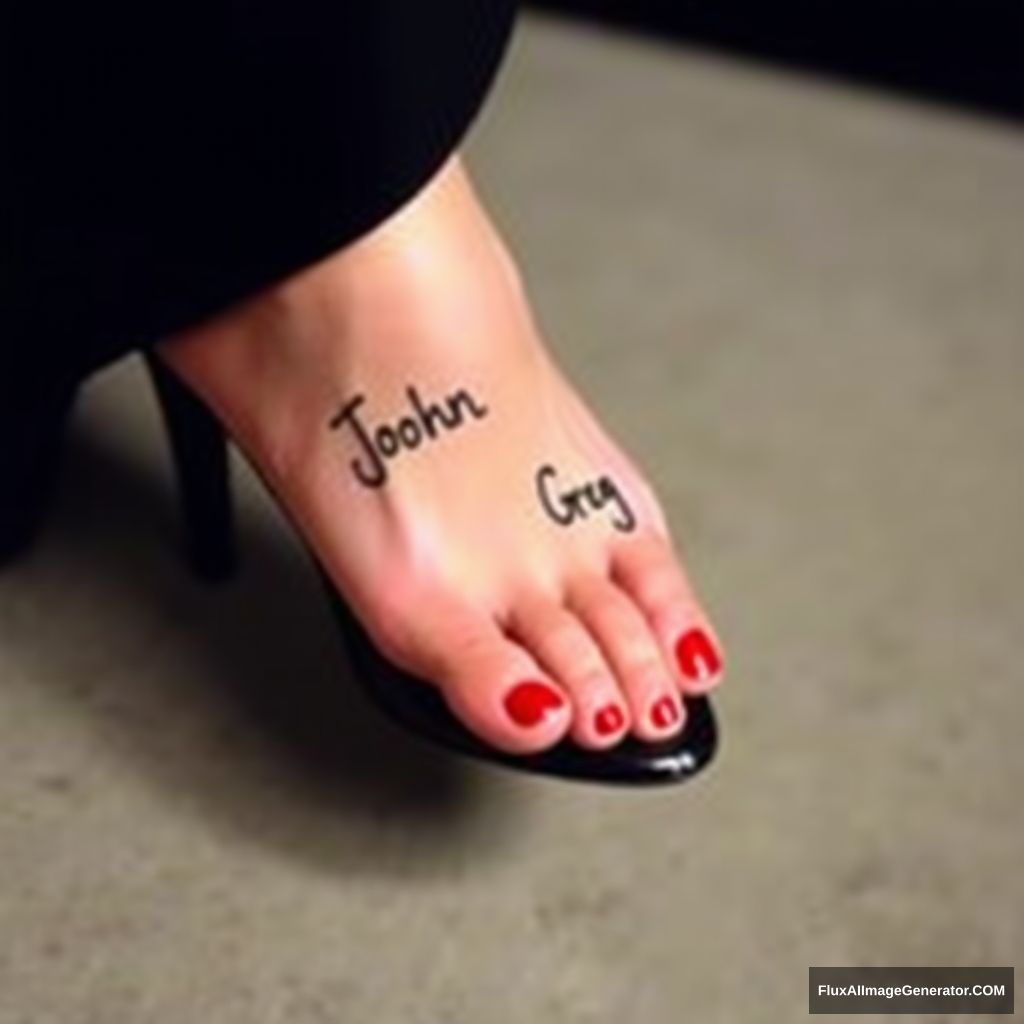 A woman's foot with the name "John Greg" on it. She is wearing black heels and her toenails are painted red. - Image