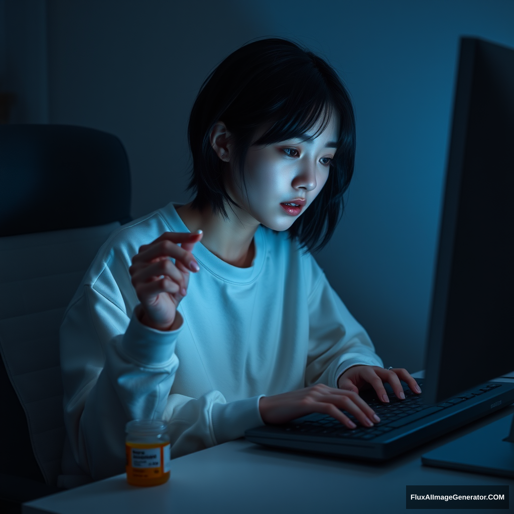 A 19-year-old Korean woman with short black hair sits at her computer, deeply focused on coding. She wears a white XXL oversized t-shirt and an XXL oversized white tracksuit, slightly disheveled as she works late into the night. Her hand pauses over the keyboard as she reaches for a pill, holding it momentarily before glancing at the antidepressant pill bottle beside her. The bottle is labeled with real-world prescription information: "Fluoxetine 20 mg, Take one tablet daily." The soft glow of the monitor reflects off her face, casting a faint blue hue in the dimly lit room. The scene captures a quiet, introspective moment amid the demanding task of coding, with realistic textures and subtle shadows enhancing the somber atmosphere.