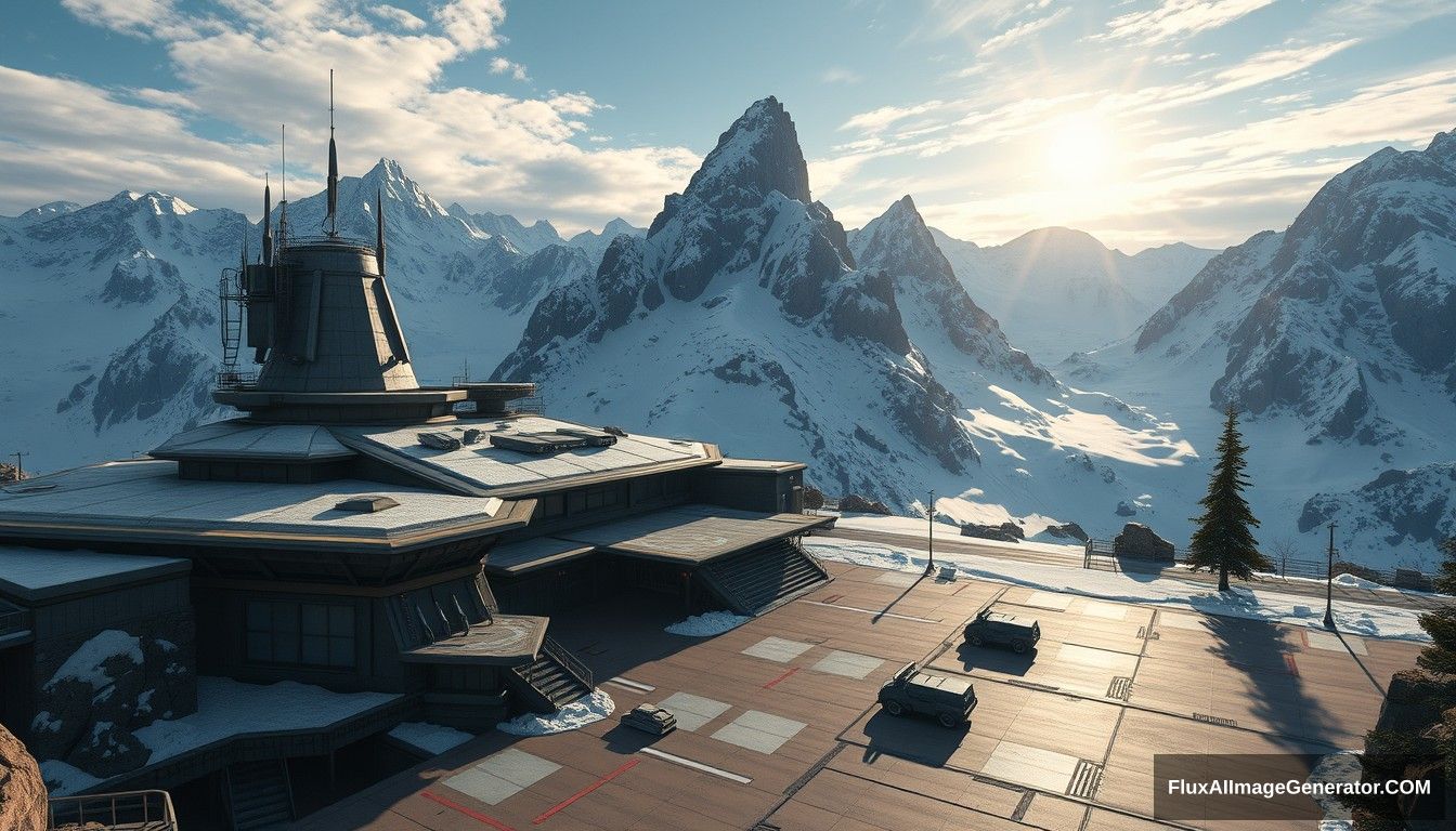 Cel shaded art, wide shot, a sci-fi center on the top of a snow mountain, open air, close look, cyberpunk, military base, Star Wars style, indoor, patio, morning, sunlight, fortress, mountain, rock, snow, tarmac, parking apron, cave, tree, landing field.