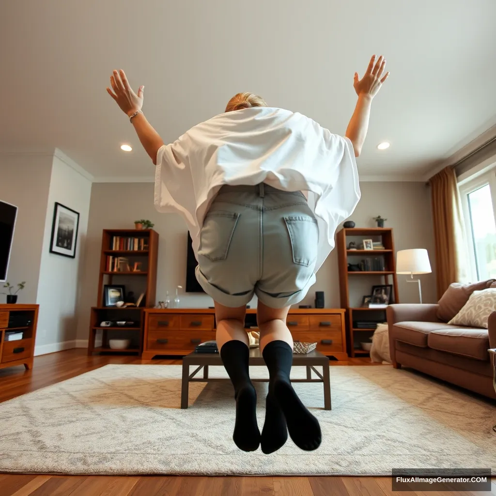 Right angle of a blonde skinny woman who is in her massive living room wearing a massively oversized white t-shirt which is also very off balance on one of the sleeves for the shoulders and wearing oversized light blue denim shorts that aren't rolled up and she is wearing knee-high black socks with no shoes. She faces her TV and she dives head first with both her arms raised below her head that's looking up and her legs down in the air and she is at a -60 degree angle.