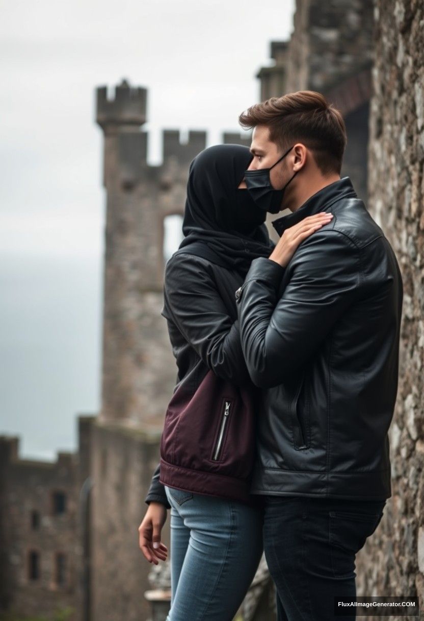 Jamie Dornan's head and body shot, handsome, youngest, face mask black, black leather jacket, jeans, dating, love with the biggest black hijab Muslim girl, not tall, beautiful eyes, face mask, maroon leather jacket, biggest black skirt, holding his shoulder, touching his face, hyper realistic, studio photography, full body photo, exploring at an abandoned castle, at sea, gloomy scenery.