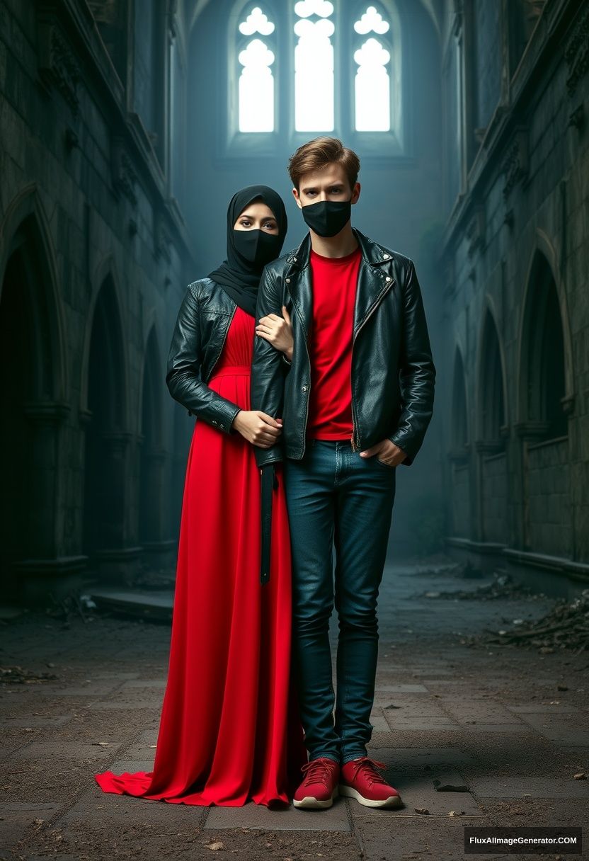 A largest black hijab girl, beautiful eyes, black face mask, black leather jacket, largest red longest dress, not tall, standing near him and in love, holding his arm, 

Jamie Dornan, handsome, youngest, black face mask, fit and tough body, Nike red t-shirt, black leather jacket, jeans, red sneakers, tall man, standing near her 

Hyper-realistic, photorealistic, studio photography, Victoria's abandoned castle, gloomy. - Image