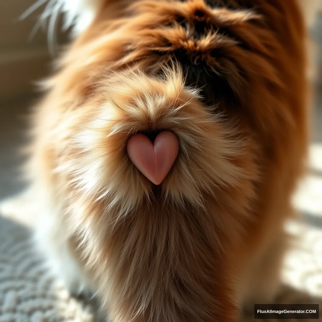 Ultra-detailed close-up of a cat's butt, featuring a chubby, fluffy cat with luxurious fur, heart-shaped pink anus prominently visible, the cat turning its head back towards the camera, curious and playful expression, warm sunlight highlighting the fur, soft shadows adding depth, intricate texture in the fur and skin, photorealistic, vibrant colors.