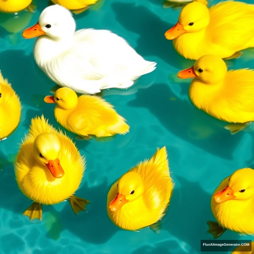 Different style yellow ducks in the pool.