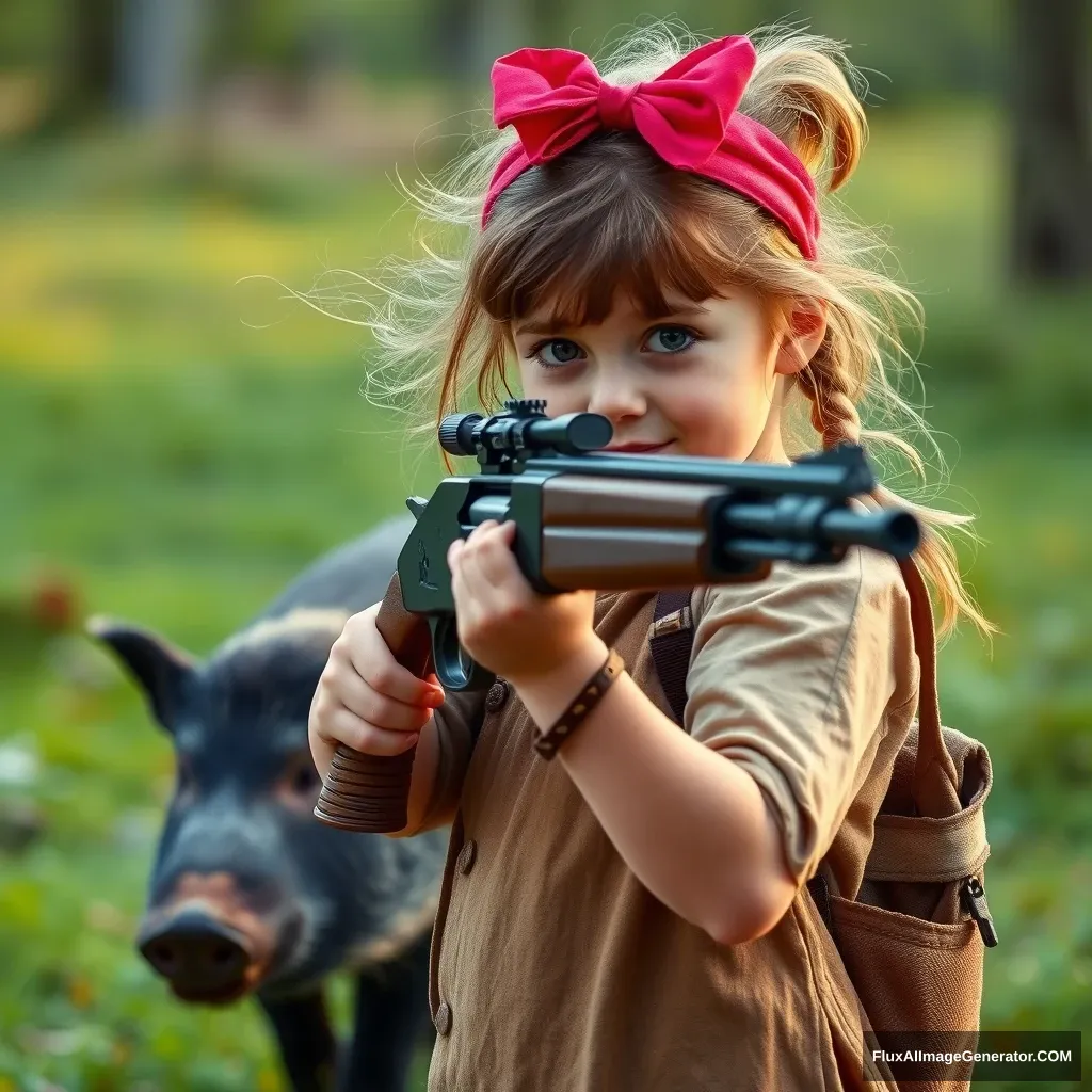 "A little girl is holding a gun to hunt wild boars."