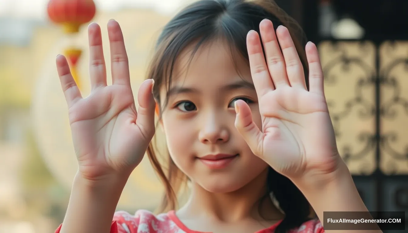 A beautiful Chinese girl holding up her hands, face in the background. - Image