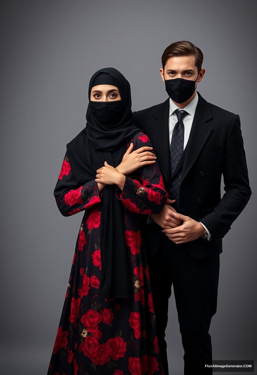 A biggest black hijab girl, beautiful eyes, face mask black, biggest red floral longest gown dress, untall, standing beside him, love hold his arm,

Jamie Dornan body and face shot, handsome, youngest, face mask black, black coat suit, white shirt, black pattern tie, tall man, love standing near her,

Hyper realistic, studio photography, photorealistic.