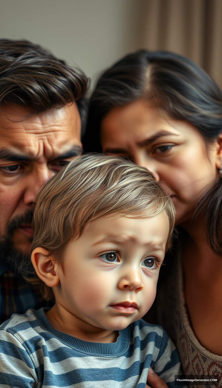 Close-up of family members' overall expressions, depicting a tense family atmosphere. The father is scolding the child. - Image