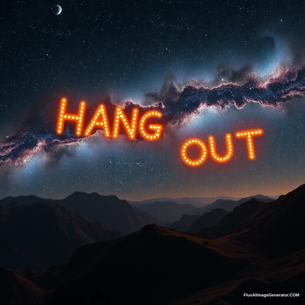 An outer space scene, stars that spell "hang out"