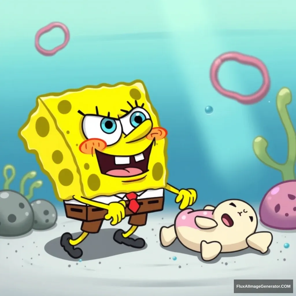 Angry SpongeBob kidnaps baby.